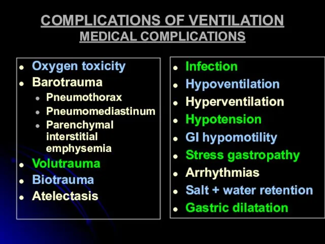 COMPLICATIONS OF VENTILATION MEDICAL COMPLICATIONS Oxygen toxicity Barotrauma Pneumothorax Pneumomediastinum
