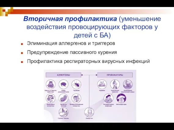 Вторичная профилактика (уменьшение воздействия провоцирующих факторов у детей с БА)