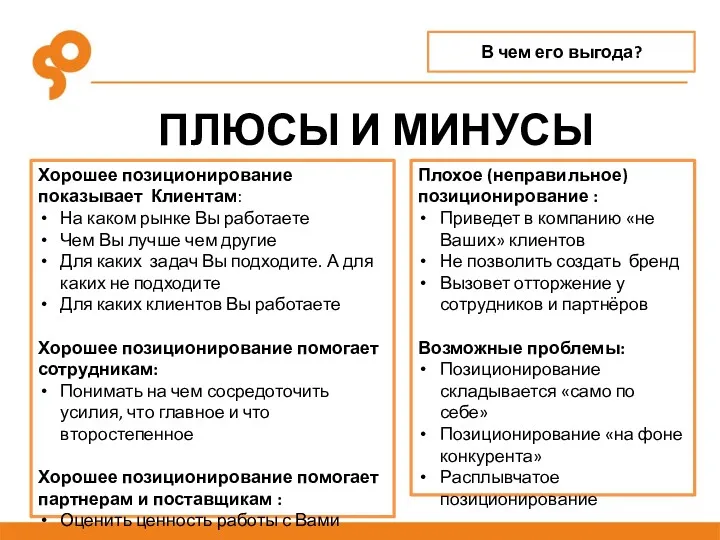 ПЛЮСЫ И МИНУСЫ В чем его выгода? Хорошее позиционирование показывает