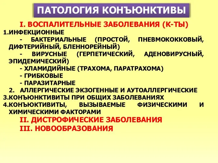 ПАТОЛОГИЯ КОНЪЮНКТИВЫ I. ВОСПАЛИТЕЛЬНЫЕ ЗАБОЛЕВАНИЯ (К-ТЫ) ИНФЕКЦИОННЫЕ - БАКТЕРИАЛЬНЫЕ (ПРОСТОЙ,