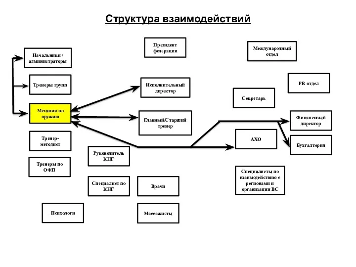 Структура взаимодействий Президент федерации Международный отдел Начальники / администраторы Исполнительный