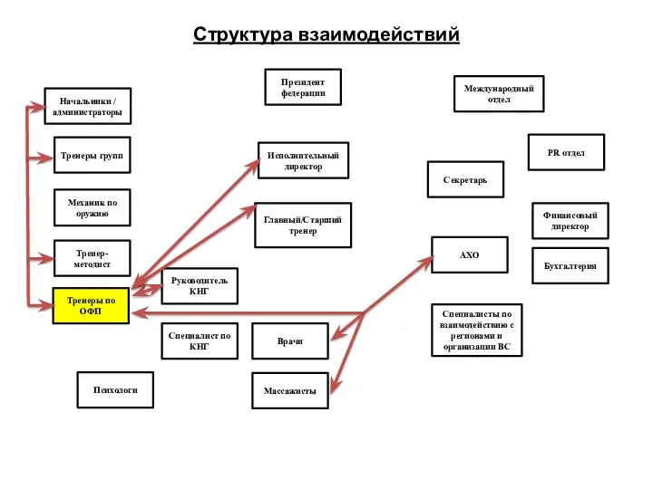 Структура взаимодействий Президент федерации Международный отдел Начальники / администраторы Исполнительный