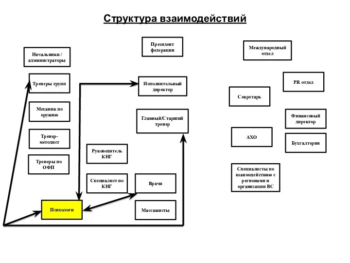 Структура взаимодействий Президент федерации Международный отдел Начальники / администраторы Исполнительный