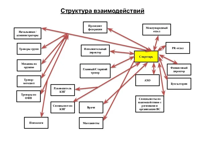 Структура взаимодействий Президент федерации Международный отдел Начальники / администраторы Исполнительный