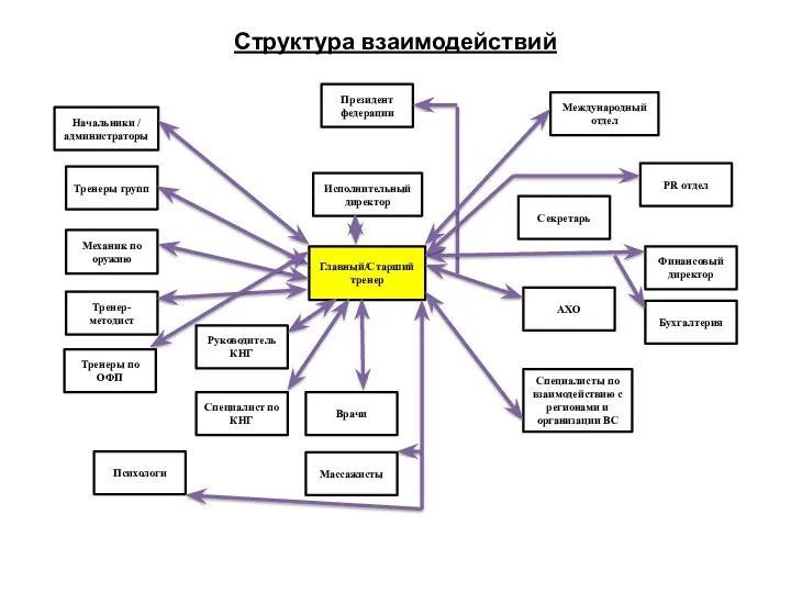 Структура взаимодействий Президент федерации Международный отдел Начальники / администраторы Исполнительный