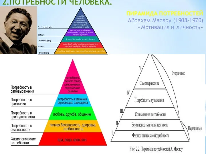 2.ПОТРЕБНОСТИ ЧЕЛОВЕКА. ПИРАМИДА ПОТРЕБНОСТЕЙ Абрахам Маслоу (1908-1970) «Мотивация и личность»