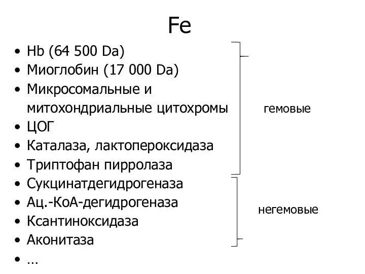 Fe Hb (64 500 Da) Миоглобин (17 000 Da) Микросомальные