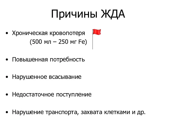 Причины ЖДА Хроническая кровопотеря (500 мл – 250 мг Fe)