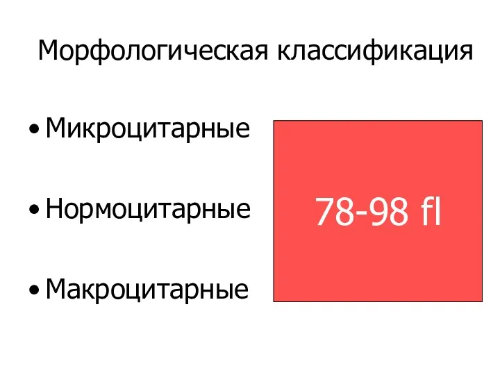 Морфологическая классификация Микроцитарные Нормоцитарные Макроцитарные 78-98 fl