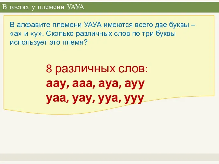 В гостях у племени УАУА В алфавите племени УАУА имеются