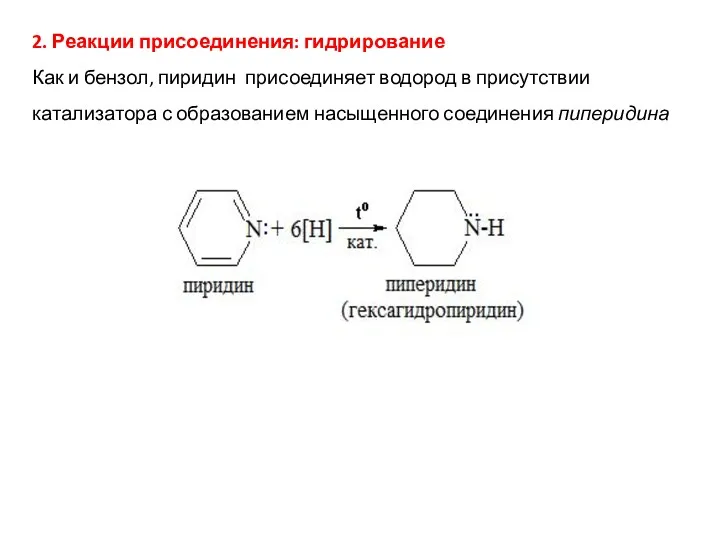 2. Реакции присоединения: гидрирование Как и бензол, пиридин присоединяет водород