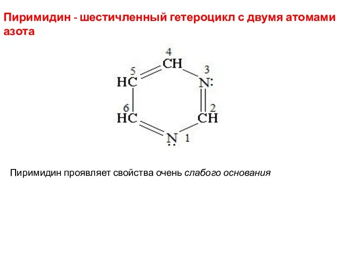 Пиримидин - шестичленный гетероцикл с двумя атомами азота Пиримидин проявляет свойства очень слабого основания