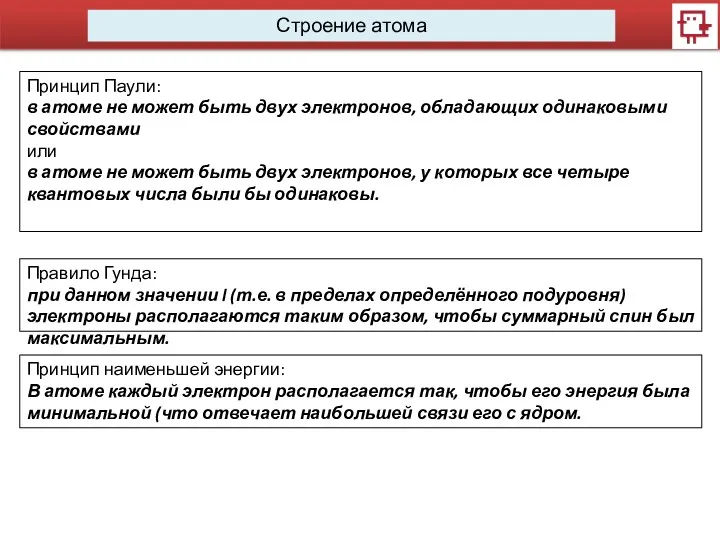 Строение атома Принцип Паули: в атоме не может быть двух