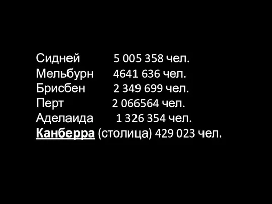 Сидней 5 005 358 чел. Мельбурн 4641 636 чел. Брисбен