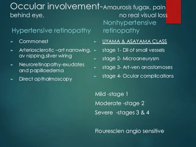 Occular involvement-Amaurosis fugax, pain behind eye, no real visual loss