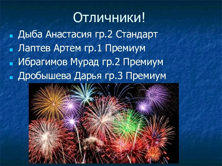 Отличники! Дыба Анастасия гр.2 Стандарт Лаптев Артем гр.1 Премиум Ибрагимов