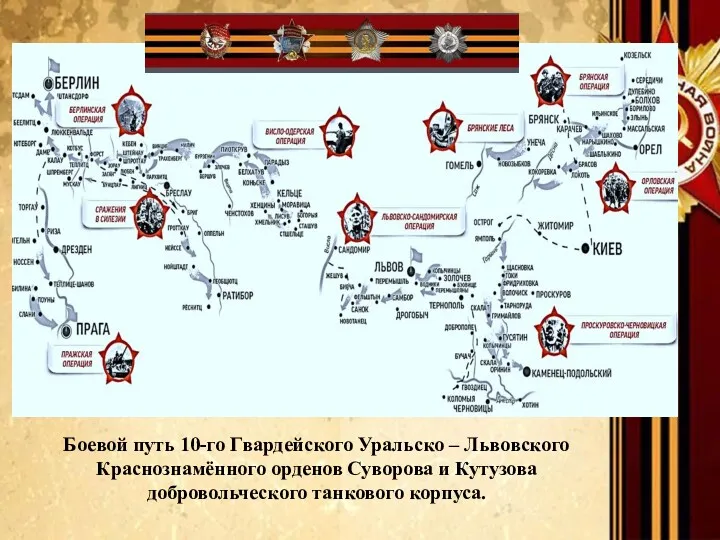 Боевой путь 10-го Гвардейского Уральско – Львовского Краснознамённого орденов Суворова и Кутузова добровольческого танкового корпуса.