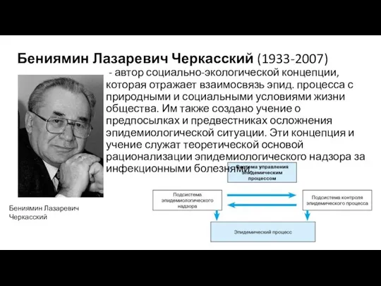 Бениямин Лазаревич Черкасский (1933-2007) - автор социально-экологической концепции, которая отражает взаимосвязь эпид. процесса