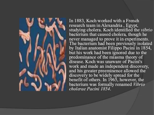 In 1883, Koch worked with a French research team in