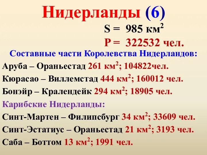 Нидерланды (6) S = 985 км2 P = 322532 чел.