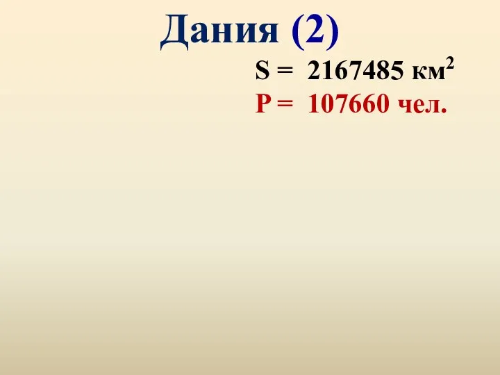 Дания (2) S = 2167485 км2 P = 107660 чел.