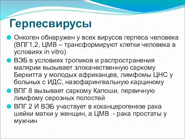 Герпесвирусы Онкоген обнаружен у всех вирусов герпеса человека (ВПГ1,2, ЦМВ