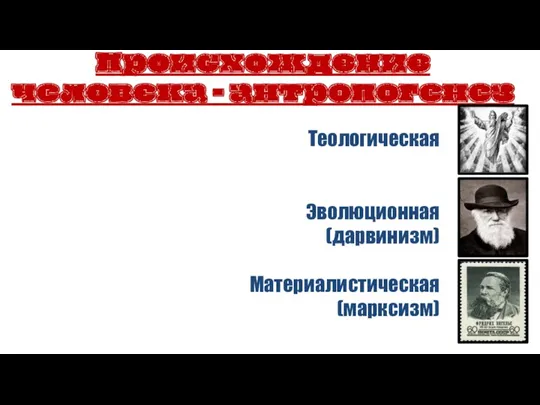 Происхождение человека - антропогенез Теологическая Эволюционная (дарвинизм) Материалистическая (марксизм)