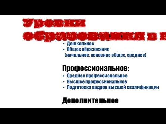 Общее образование: Дошкольное Общее образование (начальное, основное общее, среднее) Профессиональное: Среднее профессиональное Высшее