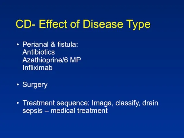 CD- Effect of Disease Type Perianal & fistula: Antibiotics Azathioprine/6