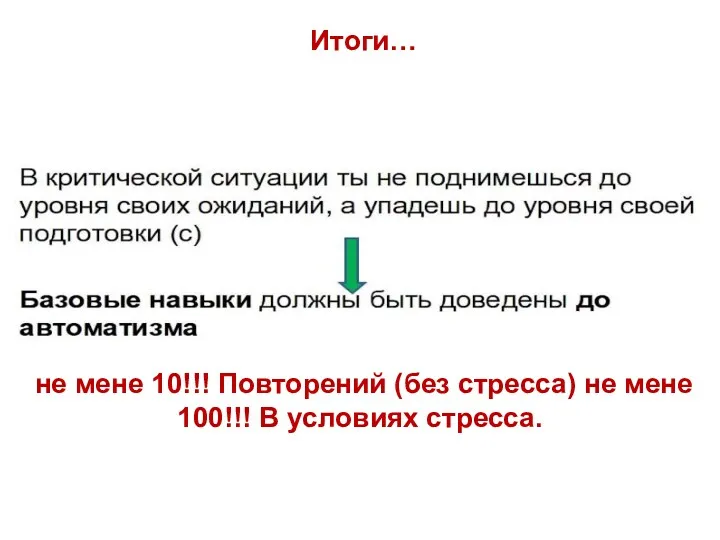 Итоги… не мене 10!!! Повторений (без стресса) не мене 100!!! В условиях стресса.