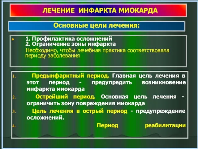 ЛЕЧЕНИЕ ИНФАРКТА МИОКАРДА 1. Профилактика осложнений 2. Ограничение зоны инфаркта