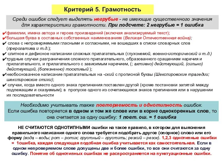 Критерий 5. Грамотность Среди ошибок следует выделять негрубые - не