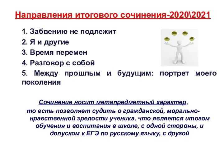 Направления итогового сочинения-2020\2021 1. Забвению не подлежит 2. Я и