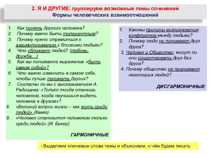 2. Я И ДРУГИЕ: группируем возможные темы сочинений Формы человеческих