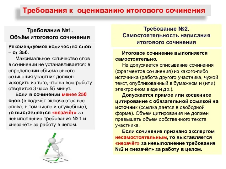 Требования к оцениванию итогового сочинения Требование №1. Объём итогового сочинения