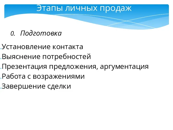 Этапы личных продаж 0. Подготовка Установление контакта Выяснение потребностей Презентация