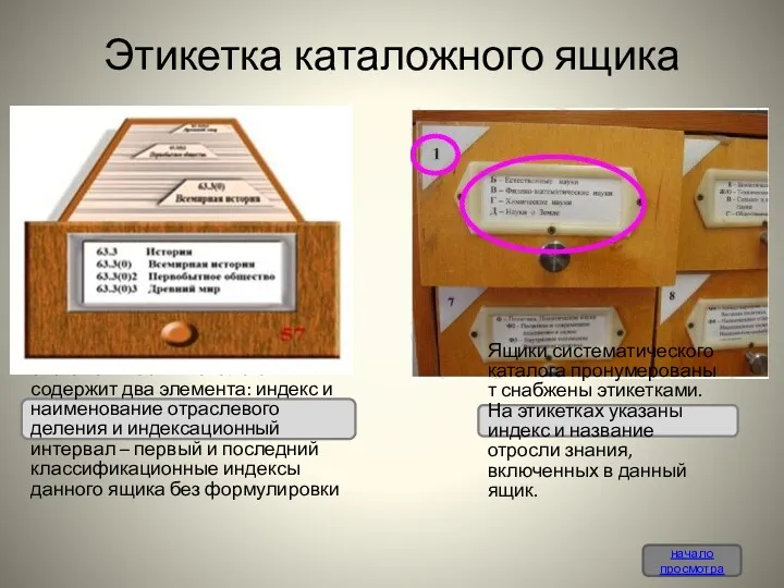 Этикетка каталожного ящика Этикетка каталожного ящика в систематических каталогах содержит