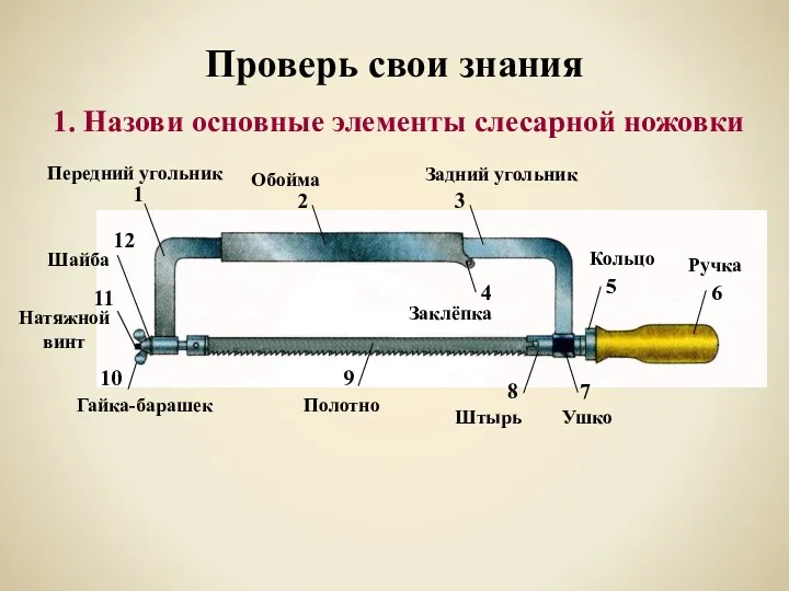 Проверь свои знания 1. Назови основные элементы слесарной ножовки Шайба