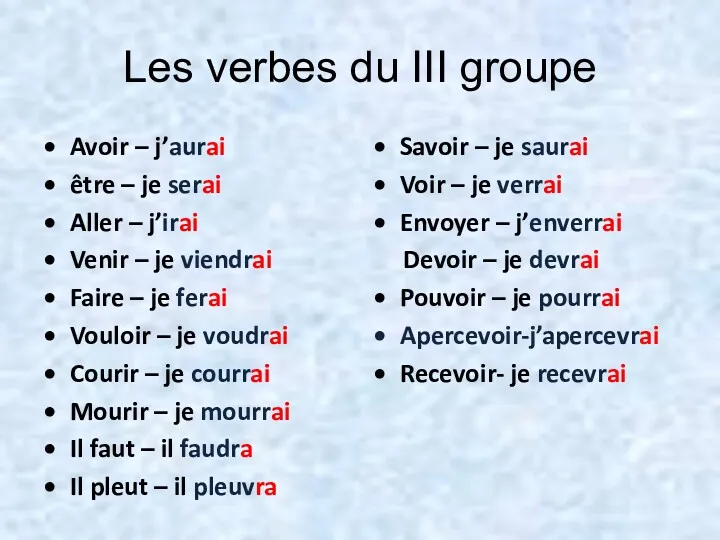 Les verbes du III groupe Avoir – j’aurai être –