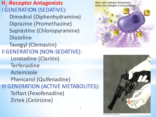 H1-Receptor Antagonists I GENERATION (SEDATIVE): Dimedrol (Diphenhydramine) Diprazine (Promethazine) Suprastine (Chloropyramine) Diazoline Tavegyl