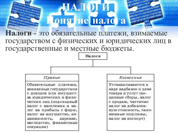 НАЛОГИ Понятие налога Налоги - это обязательные платежи, взимаемые государством