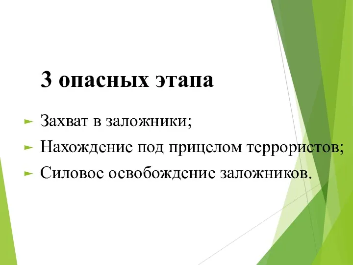 3 опасных этапа Захват в заложники; Нахождение под прицелом террористов; Силовое освобождение заложников.