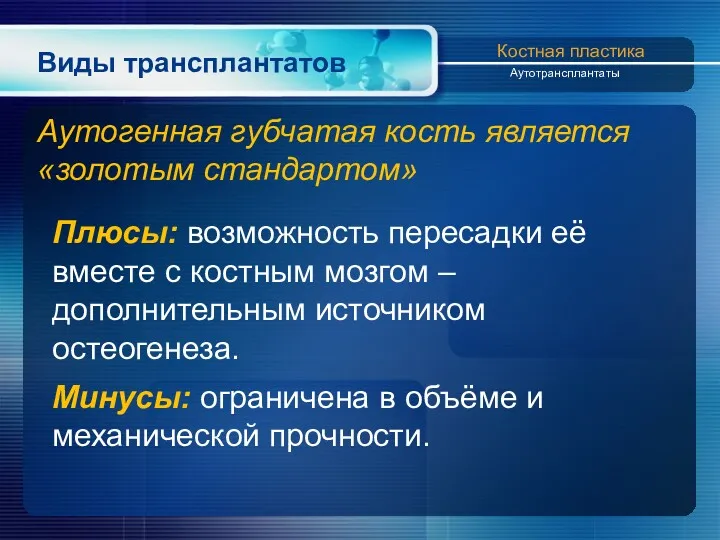 Виды трансплантатов Аутогенная губчатая кость является «золотым стандартом» Костная пластика Аутотрансплантаты Плюсы: возможность