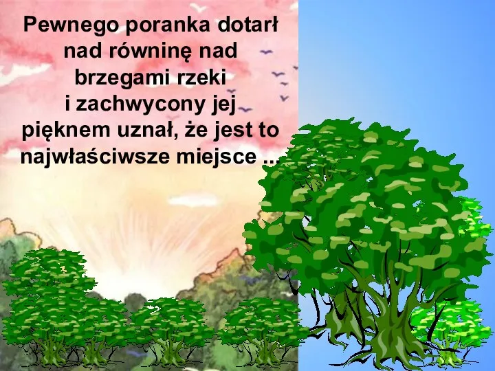 Pewnego poranka dotarł nad równinę nad brzegami rzeki i zachwycony