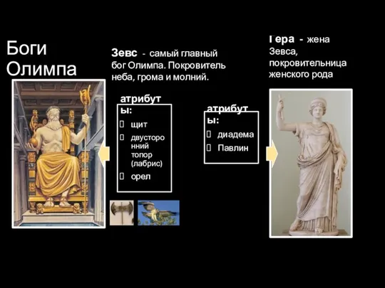Боги Олимпа Гера - жена Зевса, покровительница женского рода Зевс