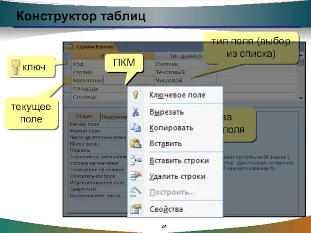 Конструктор таблиц текущее поле тип поля (выбор из списка) свойства текущего поля