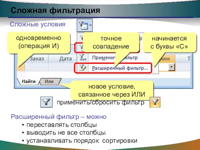 Сложная фильтрация Сложные условия одновременно (операция И) начинается с буквы