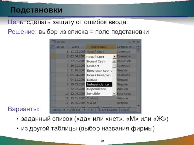 Подстановки Цель: сделать защиту от ошибок ввода. Решение: выбор из