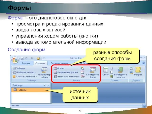 Формы Форма – это диалоговое окно для просмотра и редактирования