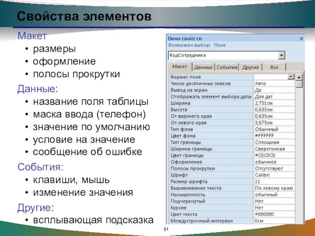 Свойства элементов Макет размеры оформление полосы прокрутки Данные: название поля